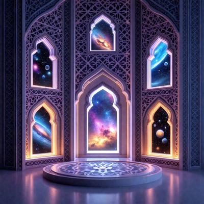 The primary subject of the image is a large, ornate building with a circular platform in the center. The building features a series of arched windows, each displaying a different celestial scene. The setting is a dark, possibly futuristic environment, with the building's intricate design and the celestial scenes creating a visually striking and immersive atmosphere. The visual style of the image is a combination of digital art and illustration, with the celestial scenes and the building's design being rendered in a detailed and realistic manner. The colors and mood of the image are predominantly dark and moody, with the celestial scenes providing a touch of brightness and wonder.